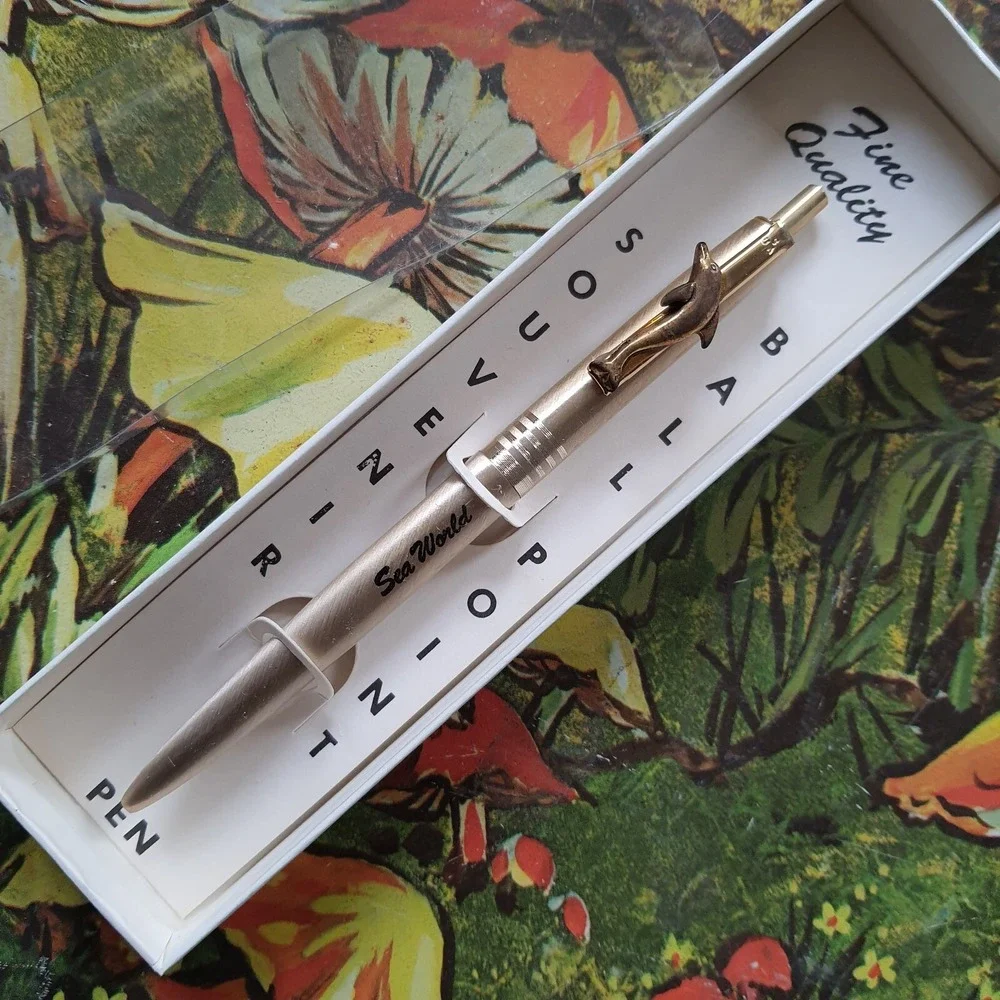 Vintage Sea World Souvenir Ball Point Pen USA Gold Tone With Dolphin In Org. Box